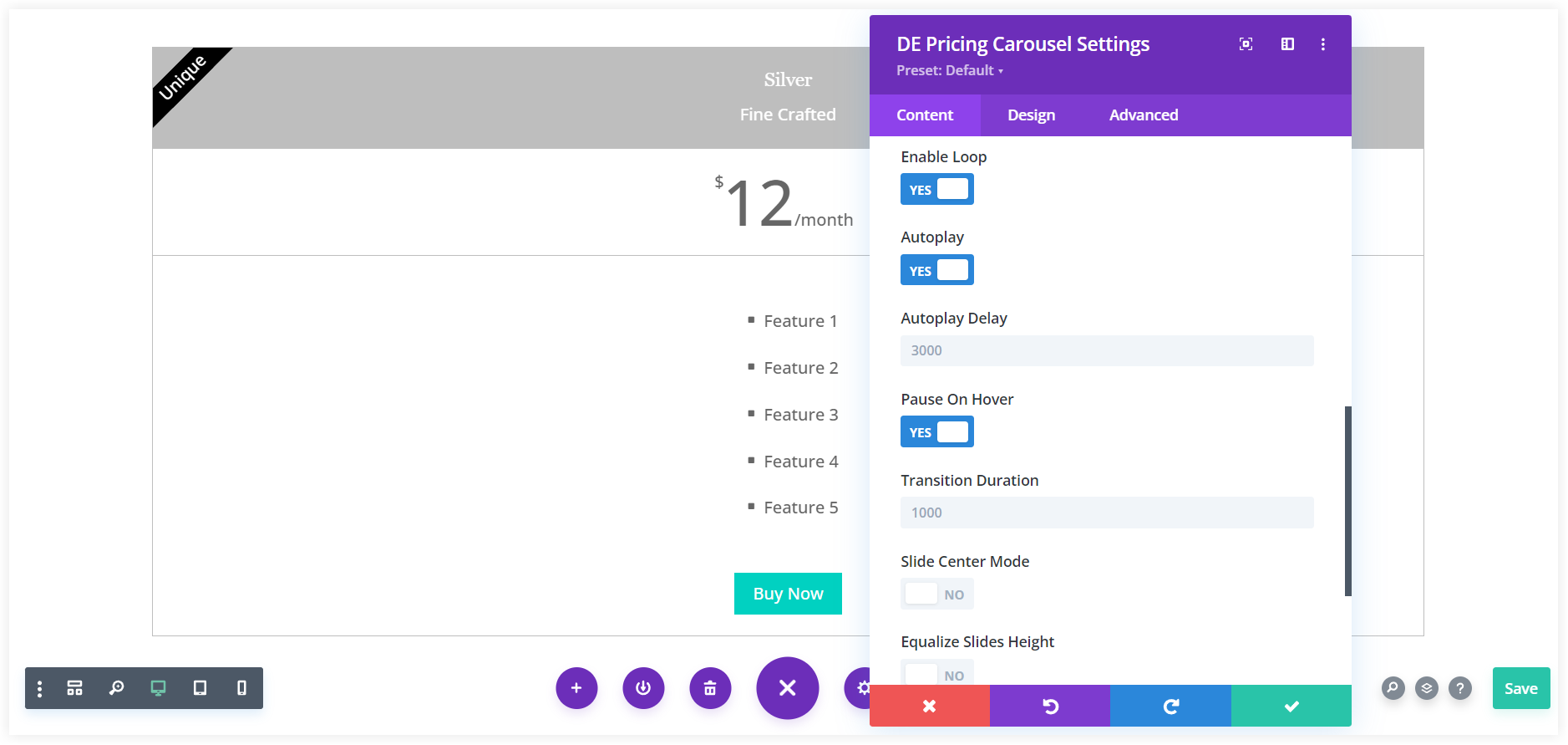 Configure Divi Pricing table options