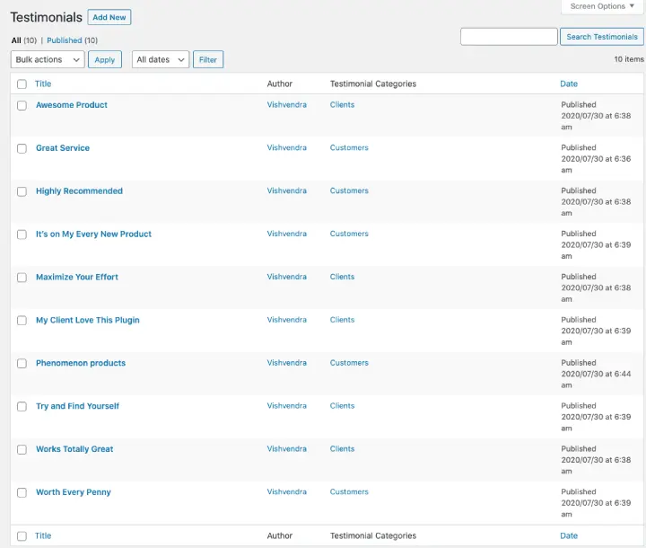 Custom post type window of Divi testimonials