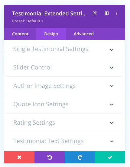 Design tab of the Divi testimonial slider plugin