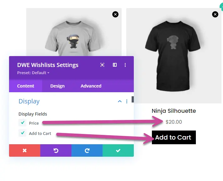 Display options of Divi Wishlist module