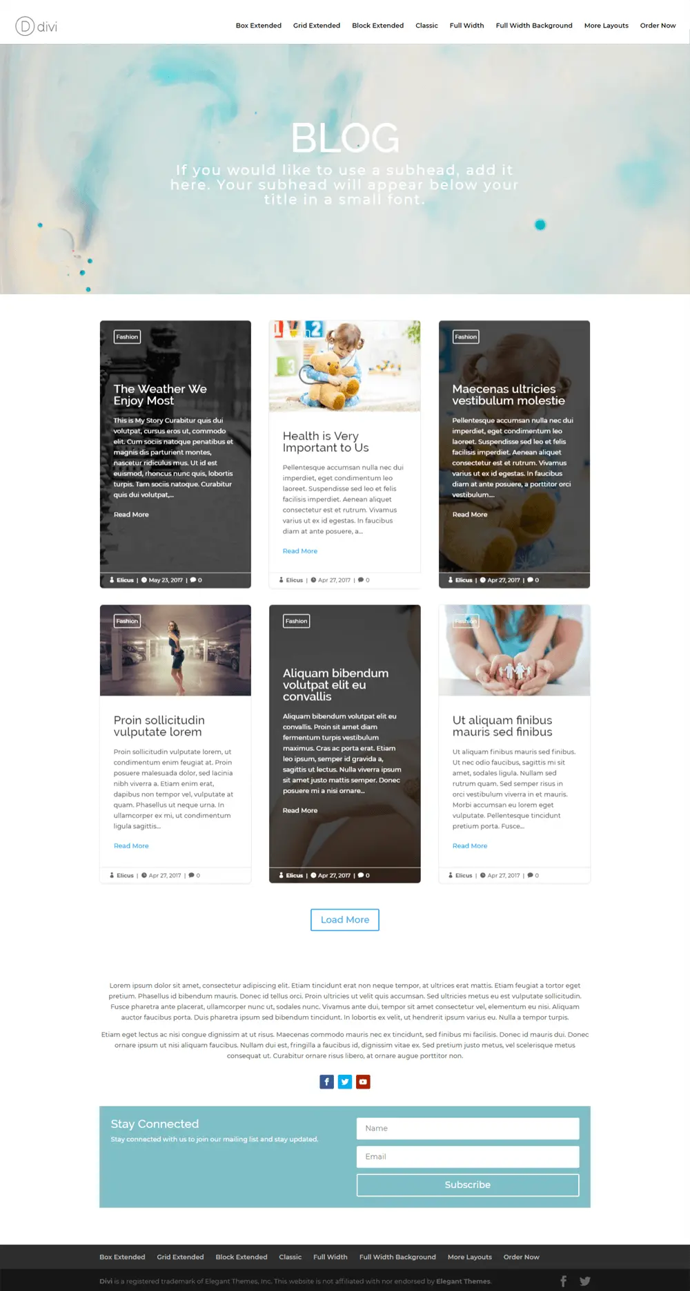 Divi article layout with a full-width header, blog posts, text, social media icons and opt-in form