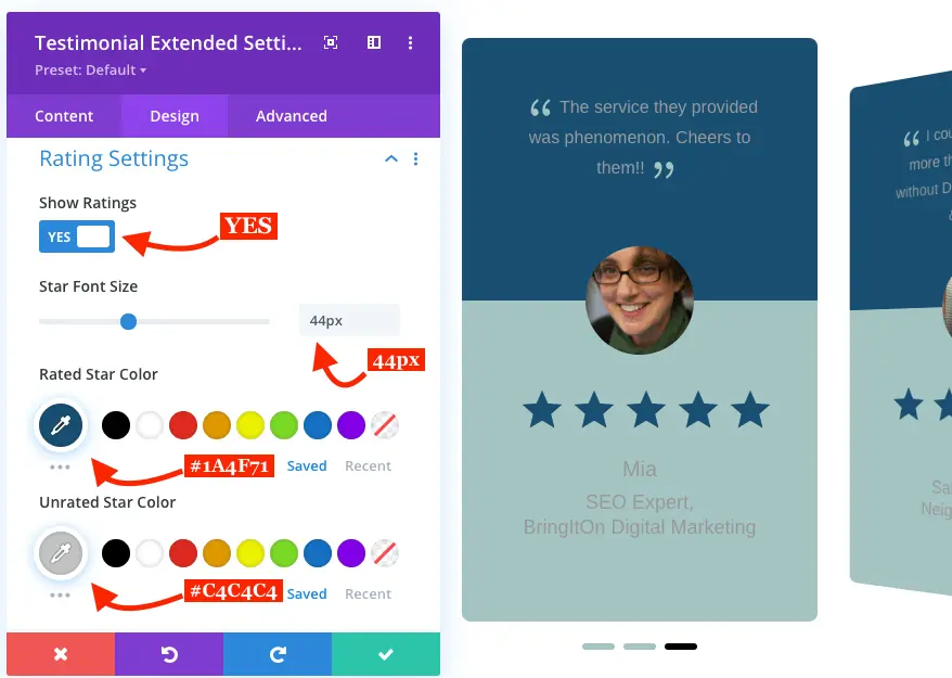 Divi client reviews slider with star ratings