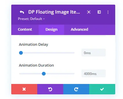 Divi floating image animation duration settings