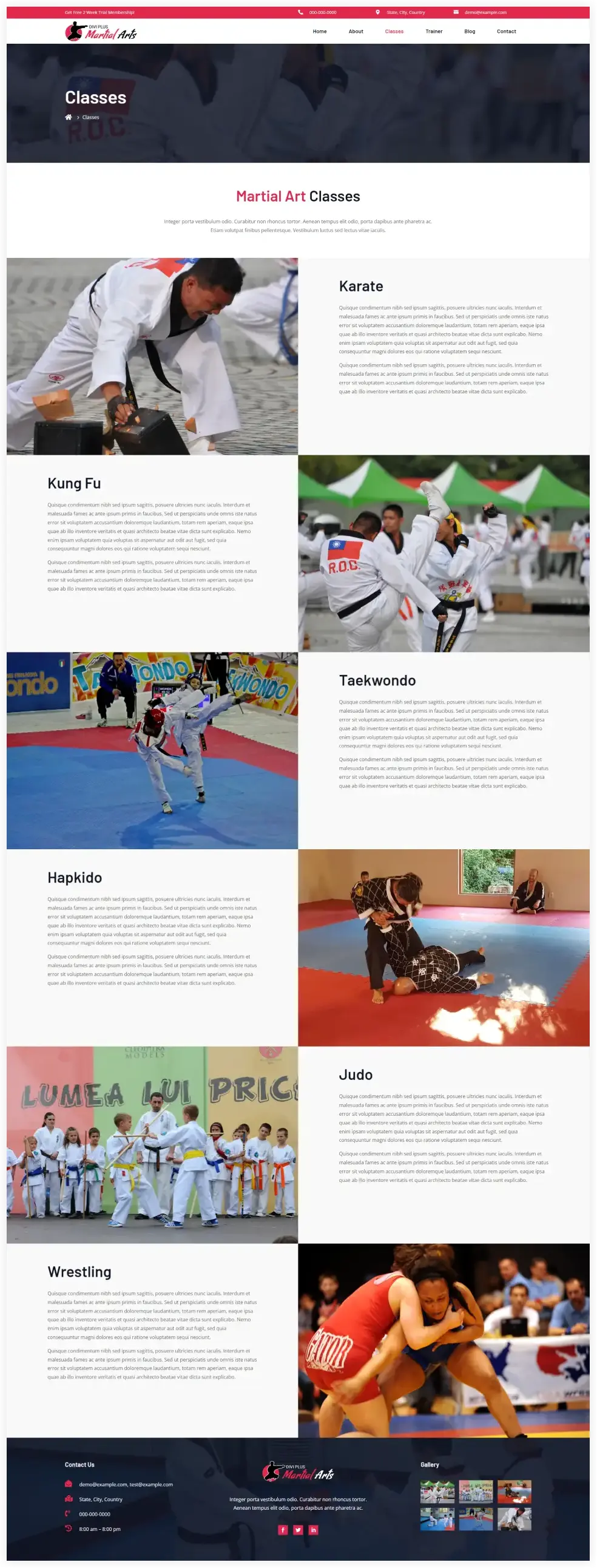 Martial art classes layout