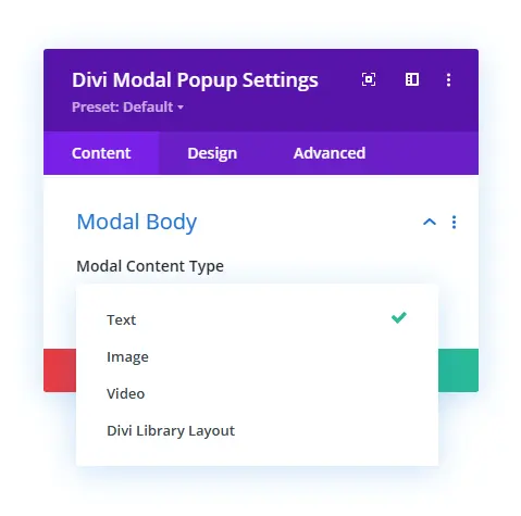 Divi modal body content type options