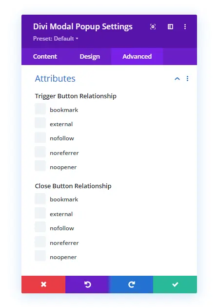 Divi modal popup attributes setting