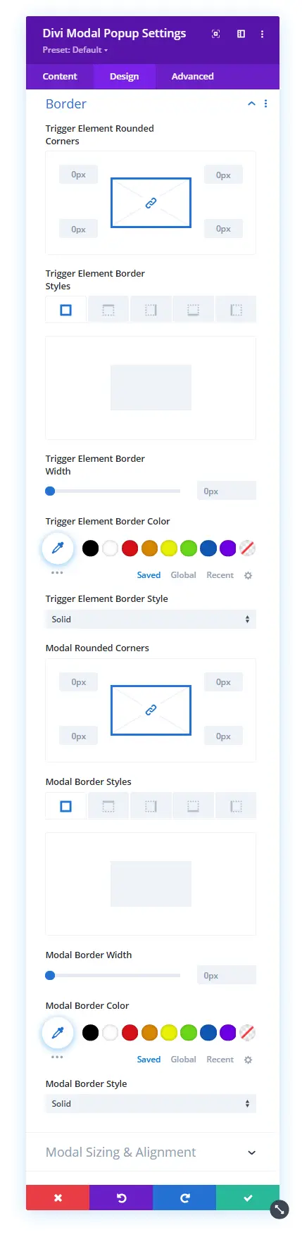 Divi modal popup border settings