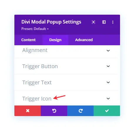 Divi modal popup design tab settings on selecting icon trigger