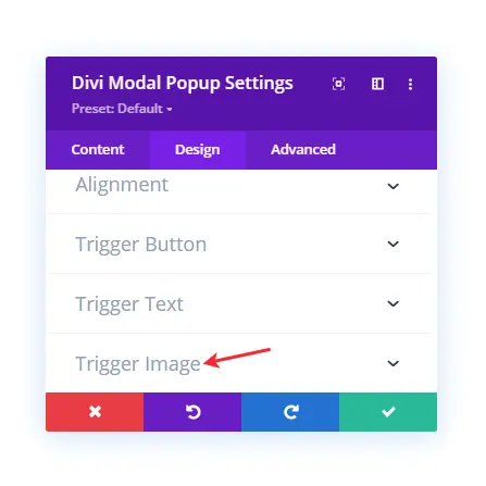 Divi modal popup design tab settings on selecting image trigger