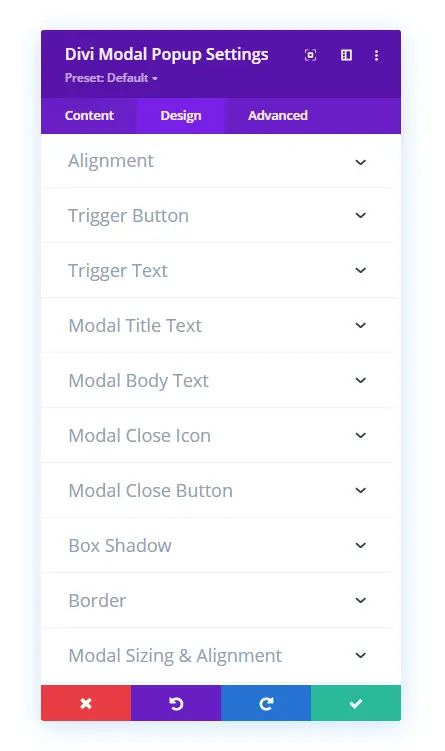 Divi modal popup design tab settings