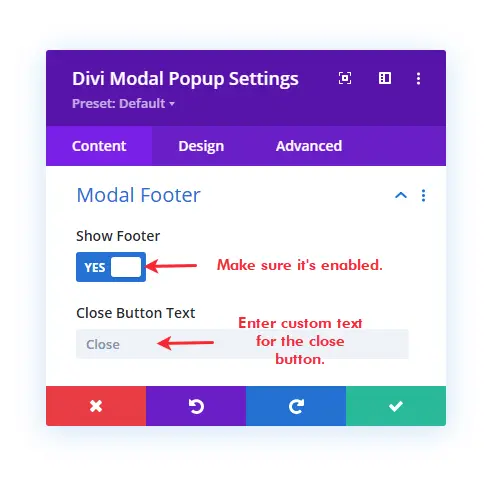 Divi modal popup footer options