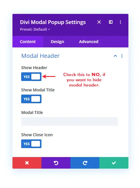 Divi modal popup header settings