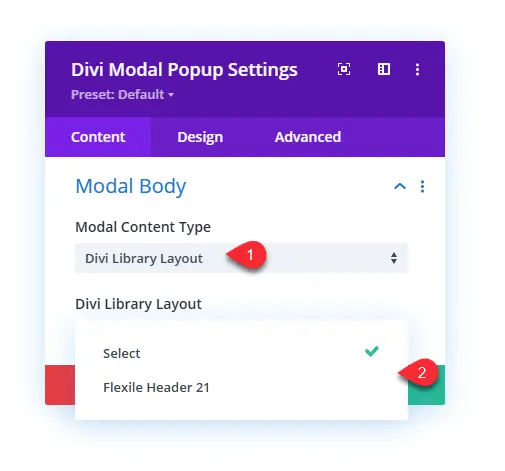 Divi modal popup library layout body content option