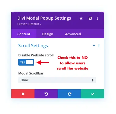 Divi modal popup scrollbar settings