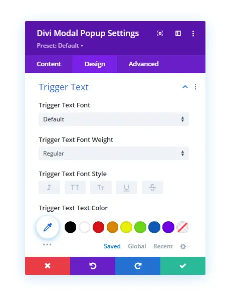 Divi modal popup text trigger customization 0ptions