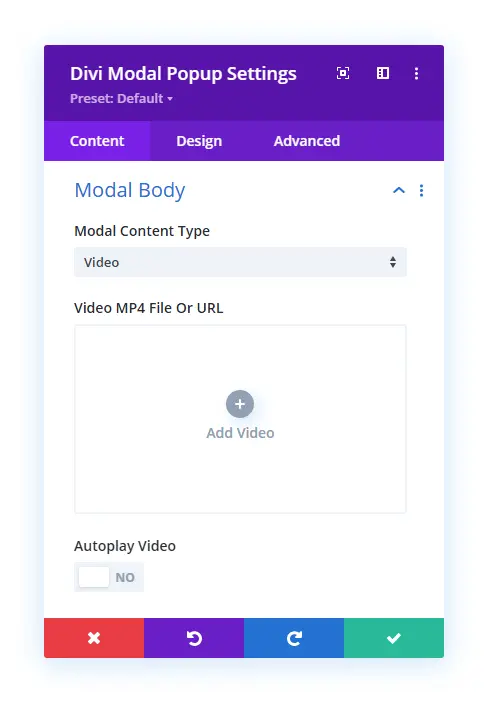 Divi modal popup video body content option