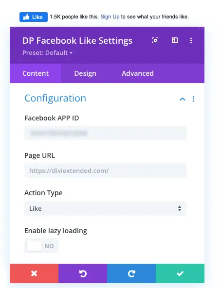 Divi Plus Facebook like module setting