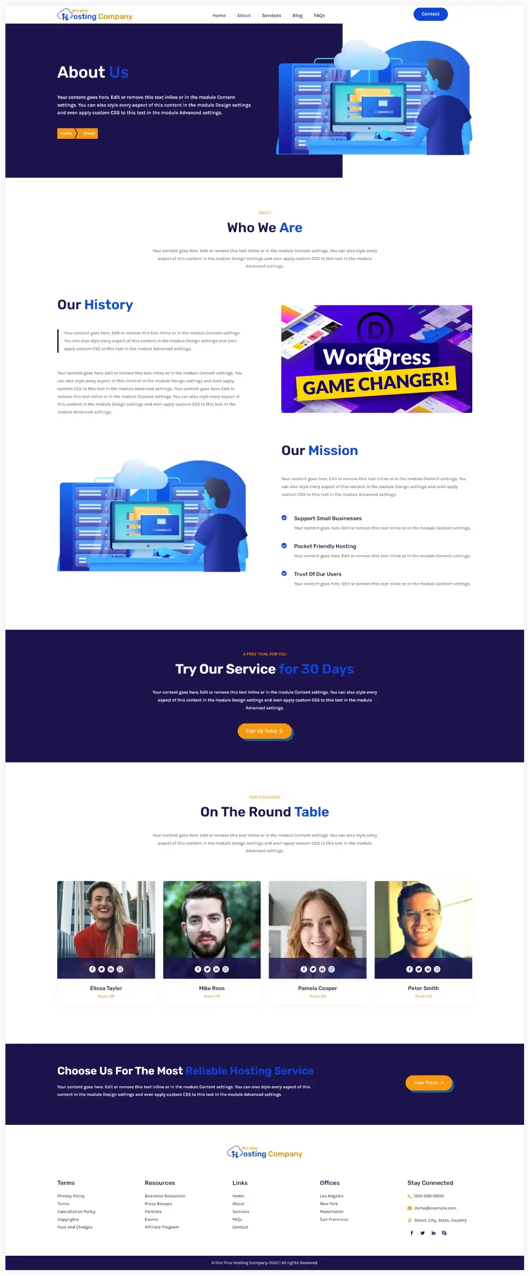 Divi hosting child theme about page layout