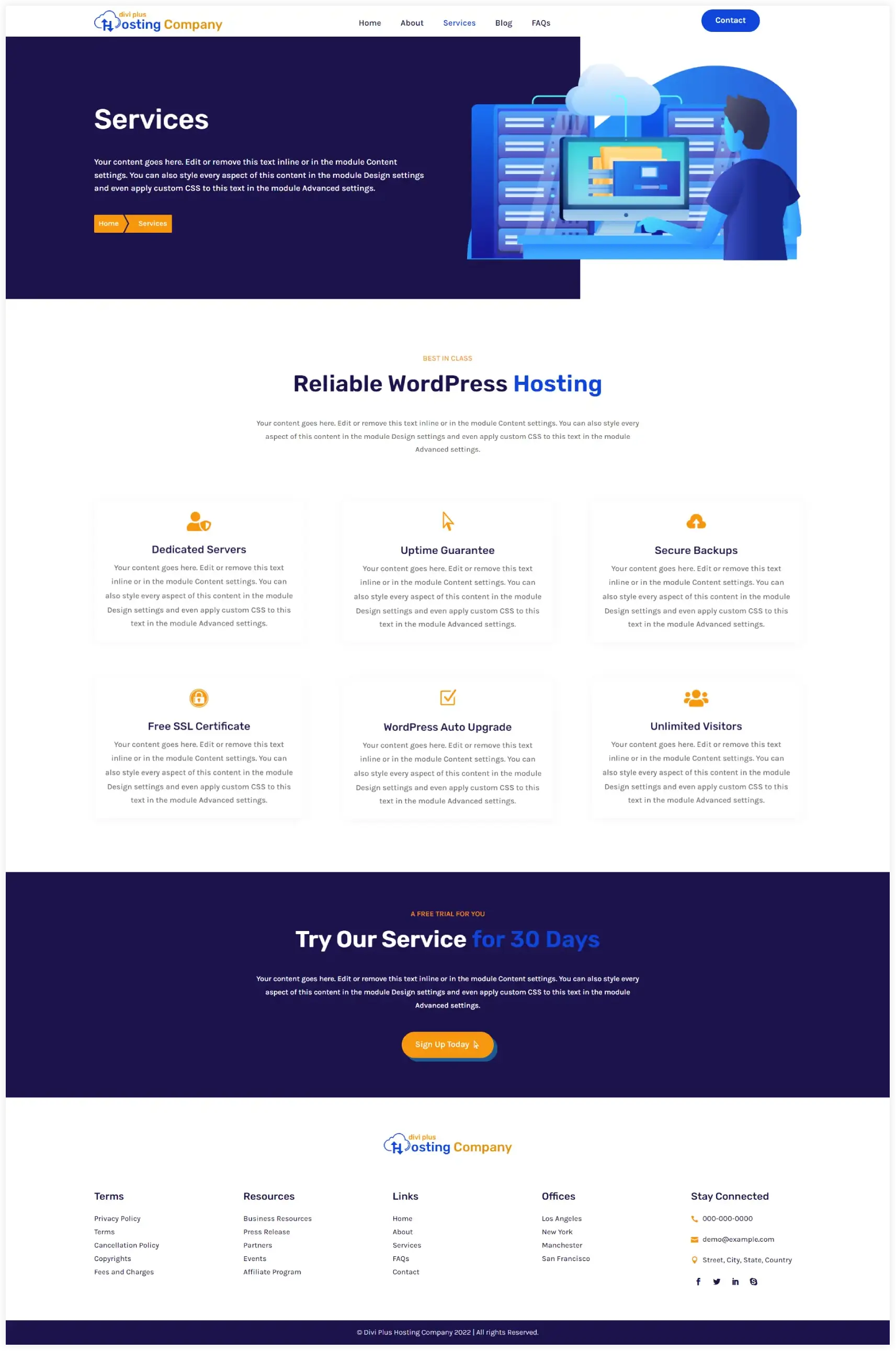 Divi hosting child theme service page layout
