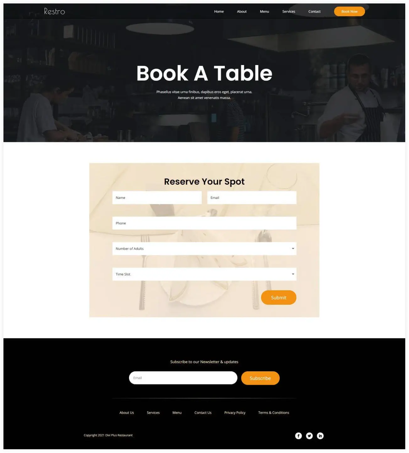 Divi plus restaurant book table page layout