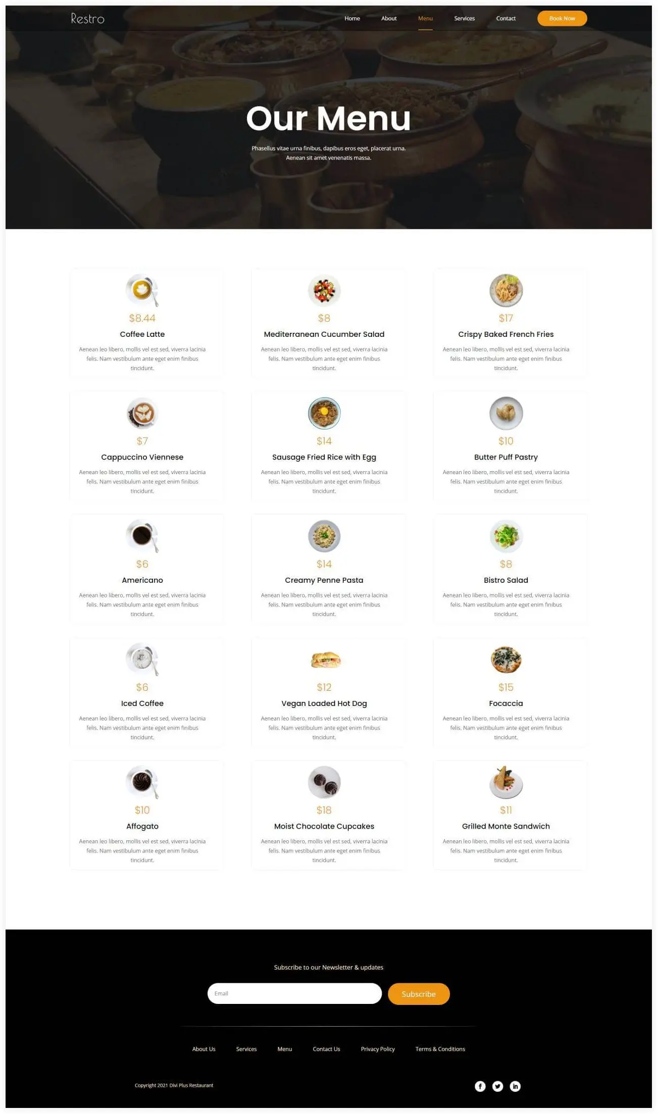 Divi plus restaurant menu page layout