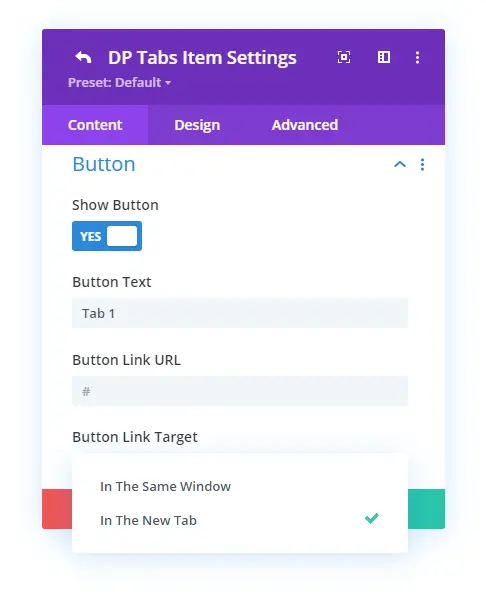 Divi Plus tabs button settings and more fields