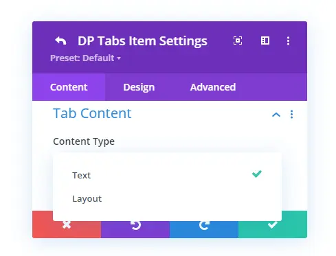 Divi Plus tabs content type selection