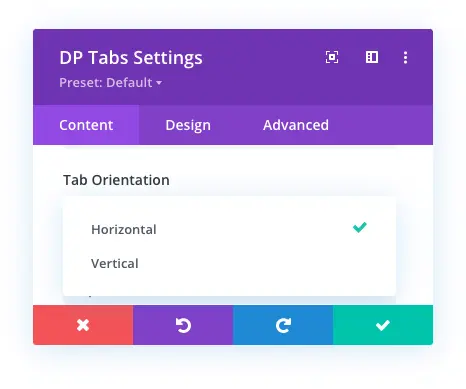 Divi Plus tabs module and orientation options