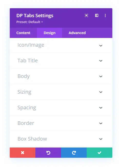 Divi Plus tabs module design setting