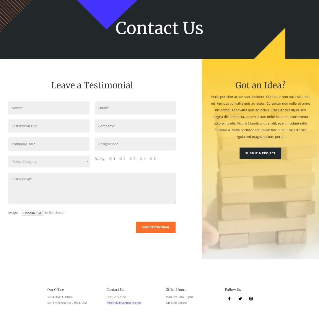 Divi testimonial form module