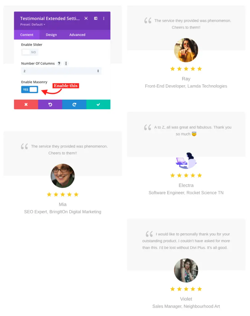 Divi testimonial layouts in masonry grid formation