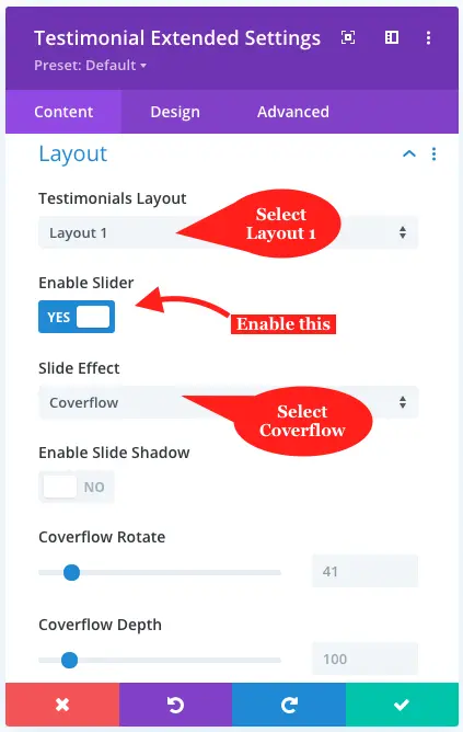 Divi testimonial slider layout settings