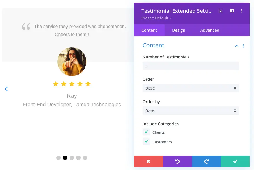 Divi testimonial slider plugin and content settings