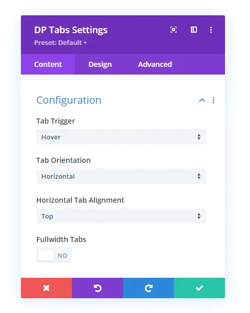 Divi vertical tabs configuration setttings in the content tab