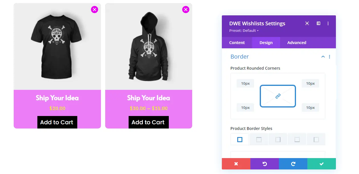 Divi wishlist border settings