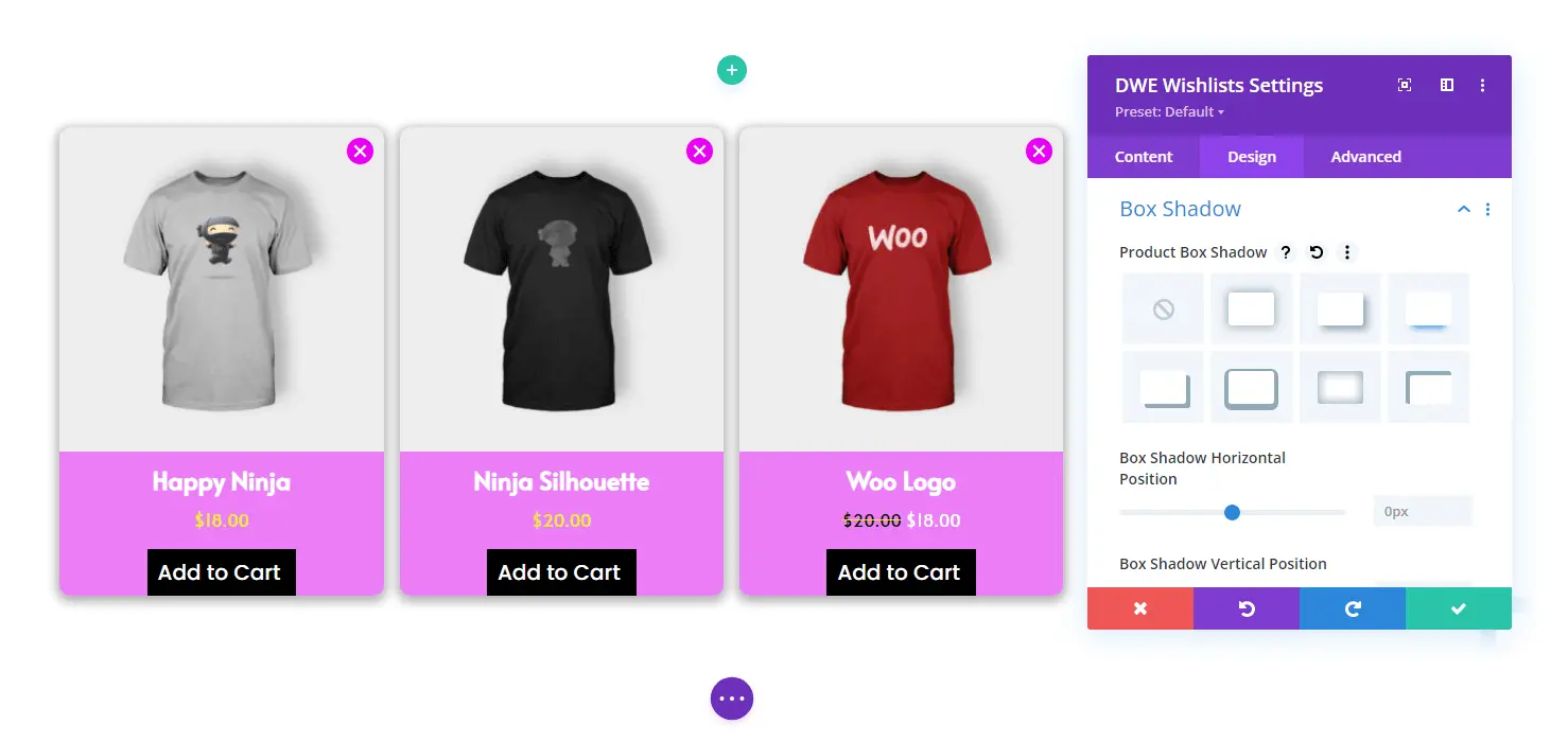 Divi wishlist box shadow settings