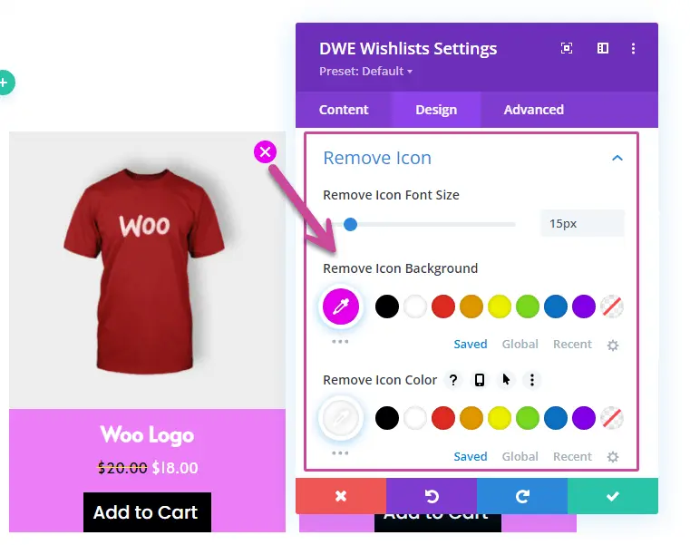 Divi wishlist remove icon settings