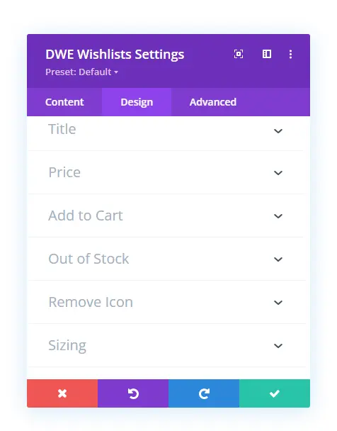 DWE wishlist design settings