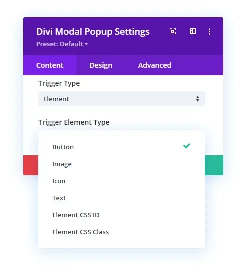 Element trigger type in Divi modal popup