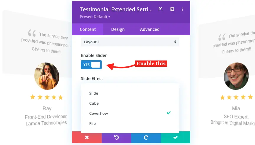 Enable slider option in Divi testimonial