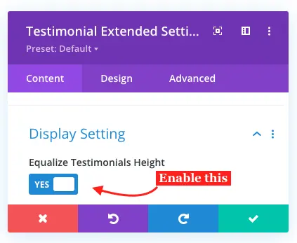 Equalize testimonial height checked as yes