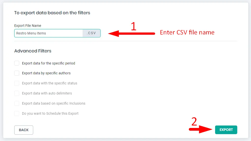 Export restro food menu in CSV file option