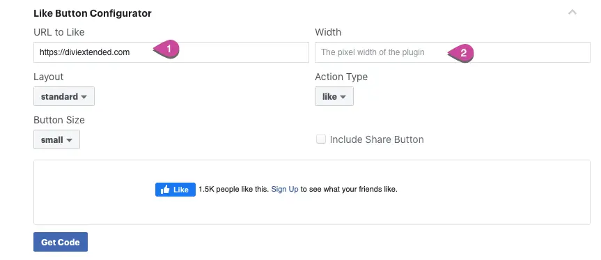 Facebook like button configurator in Divi