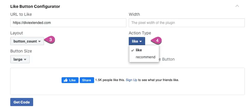 Like button configurator of Facebook in Divi
