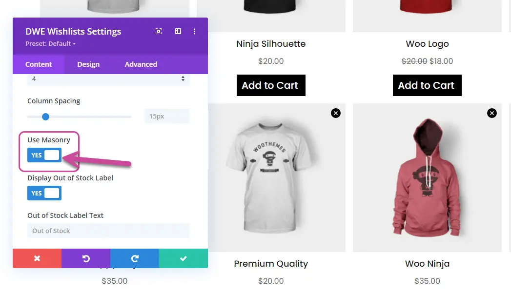 masonry options in Divi wishlist page