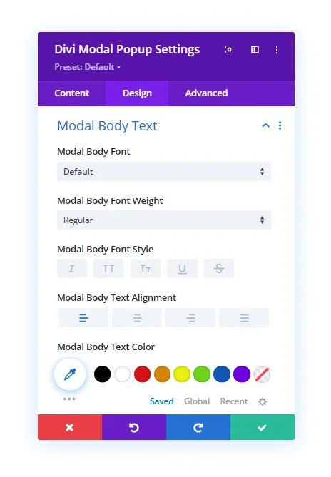 Modal body text customization options in the design tab
