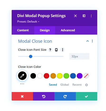 Modal header close icon settings in the design tab