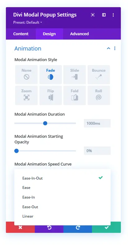 Modal popup animation setting and its options