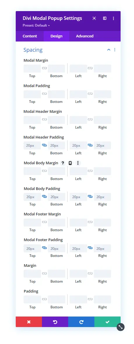 Modal popup spacing setting and options