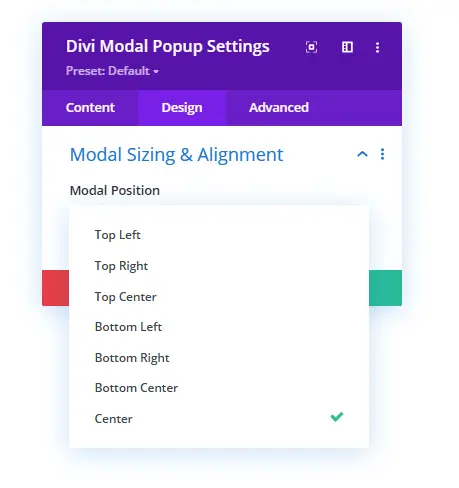 Modal position option in the modal sizing and alignment setting
